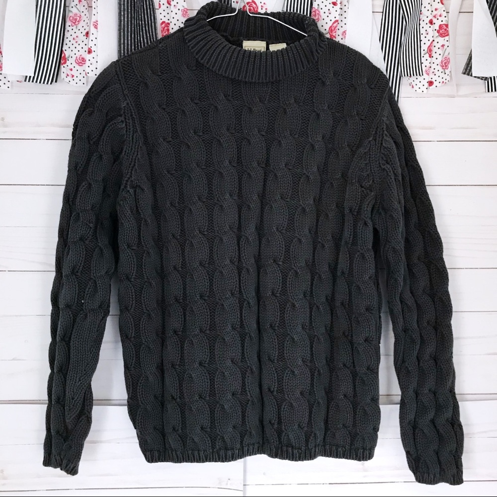 LL Bean Black Cable Knit Turtleneck Sweater SZ M
